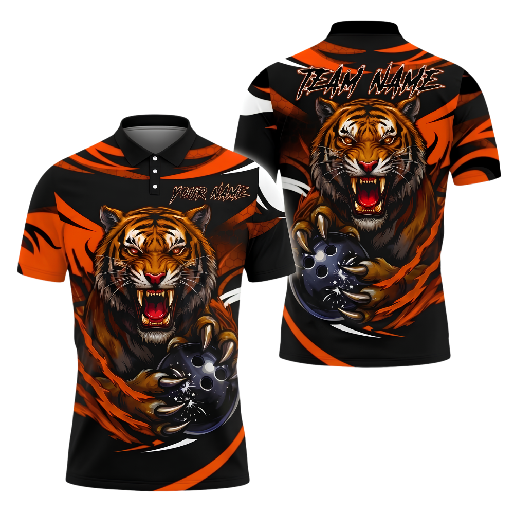 Custom Tiger Men's Black Orange Bowling Polo Shirt, Custom Tiger Team Bowling Shirt BZ1017