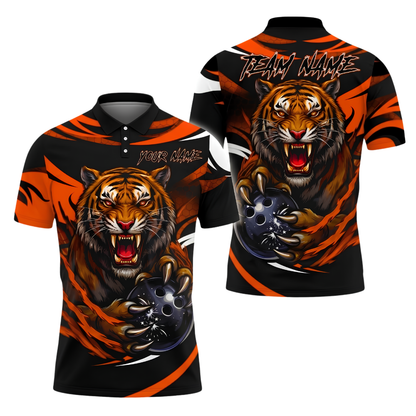 Custom Tiger Men's Black Orange Bowling Polo Shirt, Custom Tiger Team Bowling Shirt BZ1017