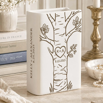 Custom Couple Initials In Heart Tree Wedding Ceramic Book Vase, Custom Book Vase For Wedding Newlyweds Engagement Anniversary WD0631