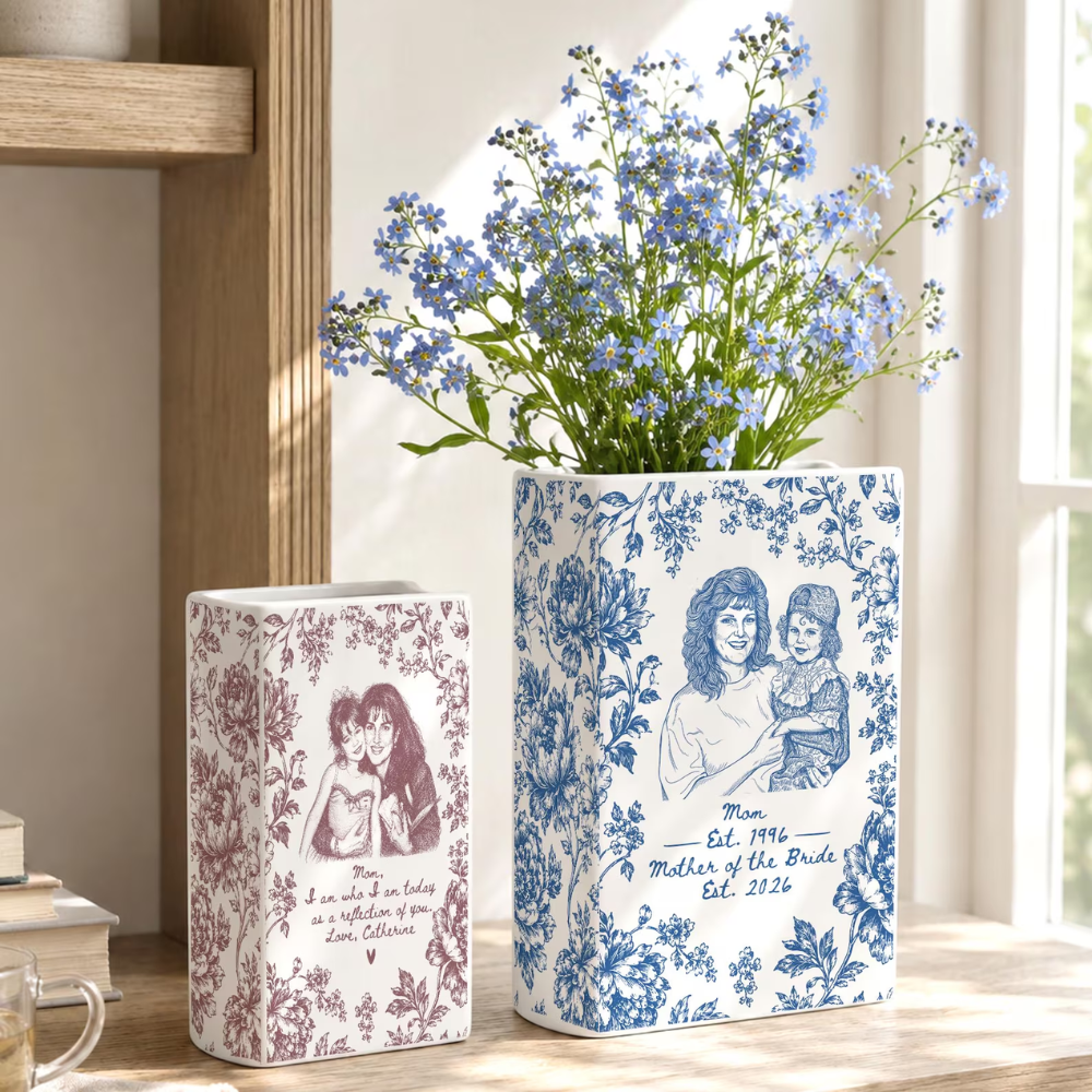 Custom Photo Mother of The Bride Toile de Jouy Ceramic Book Vase, Custom Wedding Book Vase For Mother Of Bride WD0639