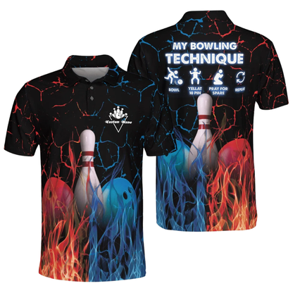 My Bowling Technique Custom Blue Red Flame Polo Shirt For Men, Custom Funny Flame Bowling Shirts BZ0497