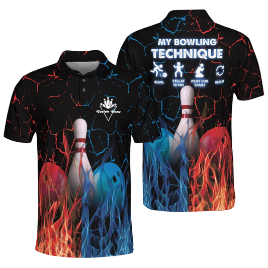 My Bowling Technique Custom Blue Red Flame Polo Shirt For Men, Custom Funny Flame Bowling Shirts BZ0497