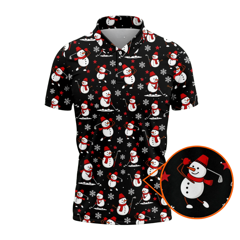 Funny Snowman Play Golf Mens Golf Polo Shirt Black, Christmas Golf Shirt GZ0355
