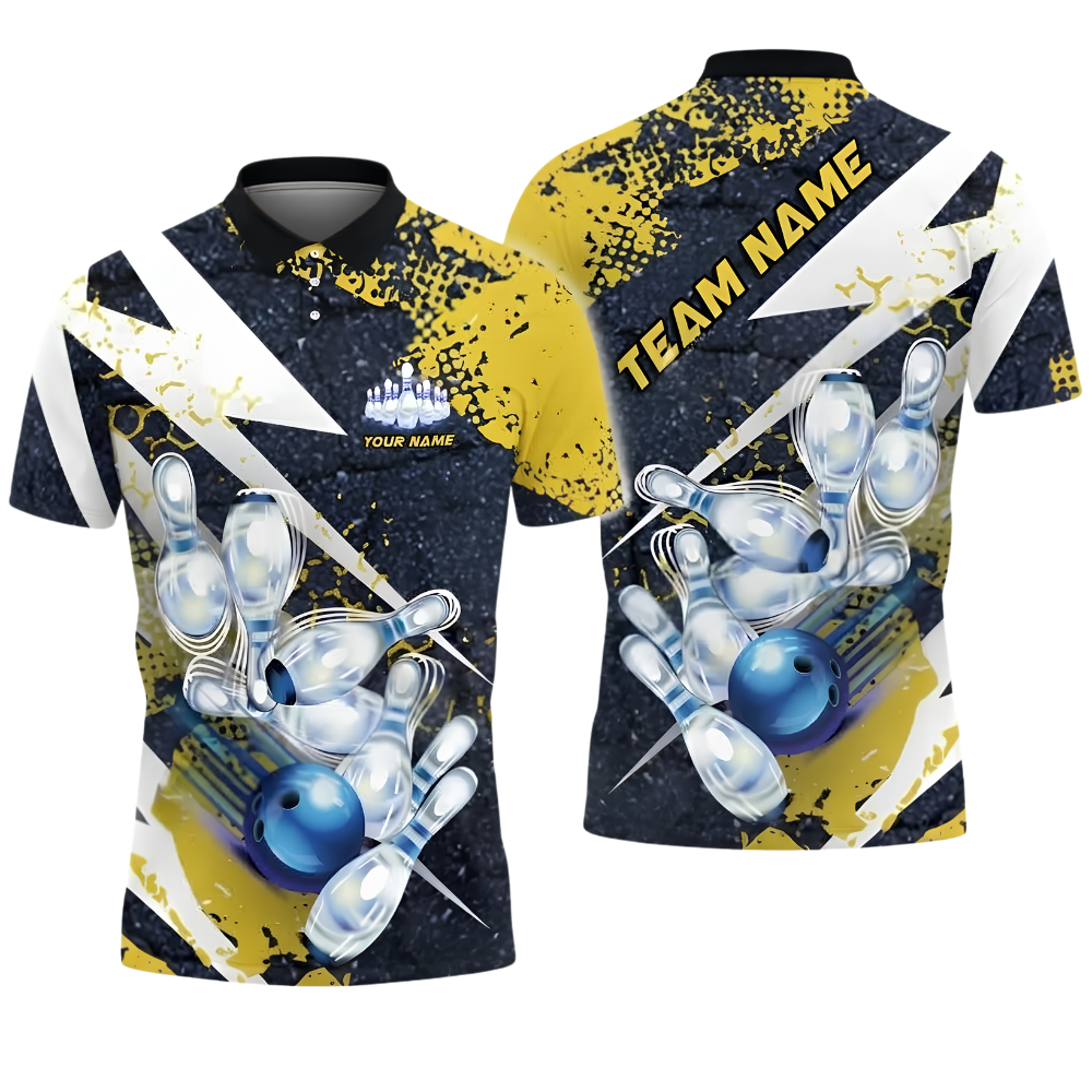 Custom Team Navy Yellow Grunge Bowling Polo Shirt, Custom Bowling Team Shirt BZ1019