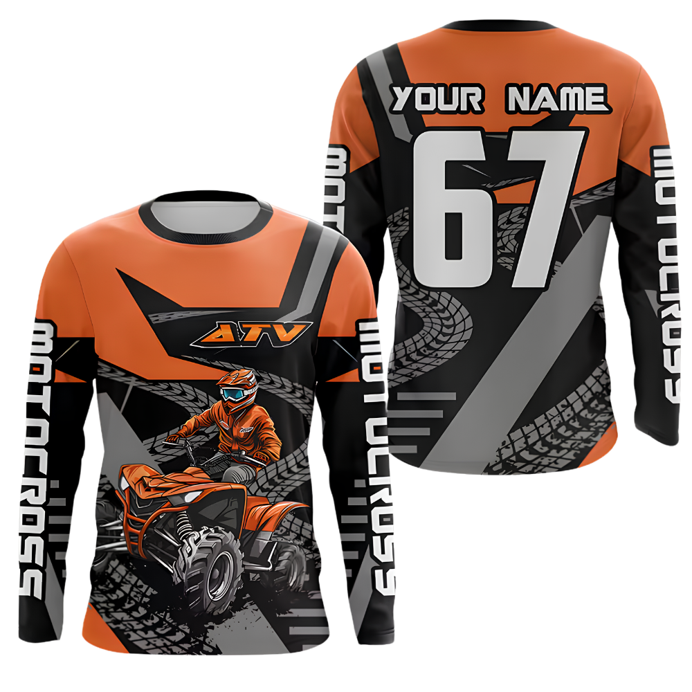 Personalized ATV Rider Black Orange Mens Dirt Bike Long Sleeve Jersey, Custom ATV Shirts MZ0150