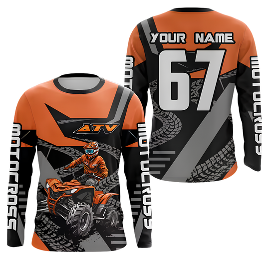 Personalized ATV Rider Black Orange Mens Dirt Bike Long Sleeve Jersey, Custom ATV Shirts MZ0150