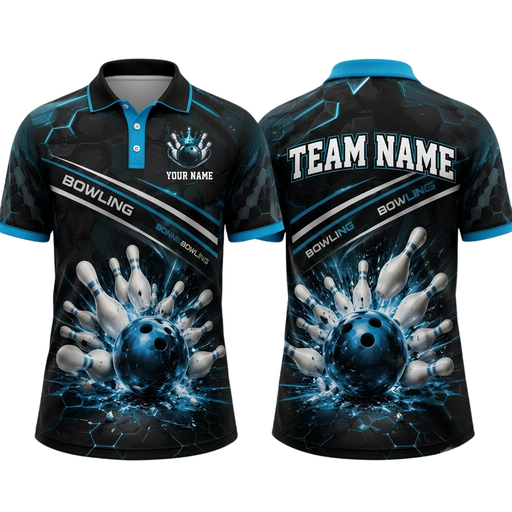 Custom Team Black Blue Bowling Polo Shirt For Men, Custom Bowling Team Shirt BE0263