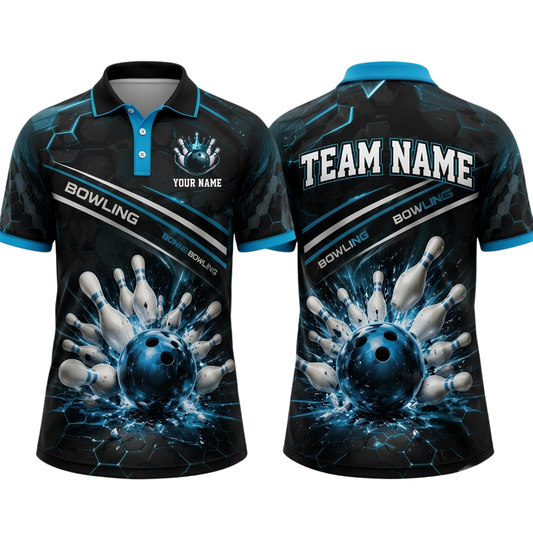 Custom Team Black Blue Bowling Polo Shirt For Men, Custom Bowling Team Shirt BE0263