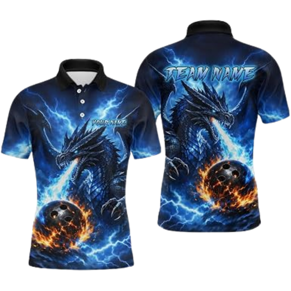 Custom Blue Dragon Bowling Polo Shirt For Men, Custom Dragon Bowling Team Shirt BZ0893