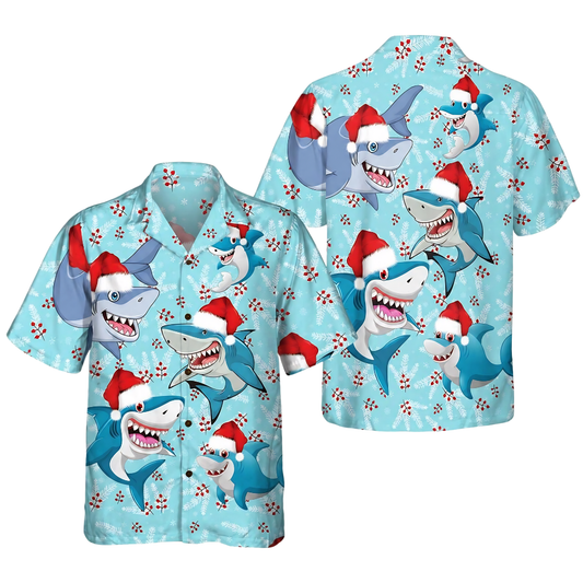Funny Shark Christmas Hat Hawaiian Shirt For Men Women, Shark Lover Hawaiian Shirt For Christmas HE0806