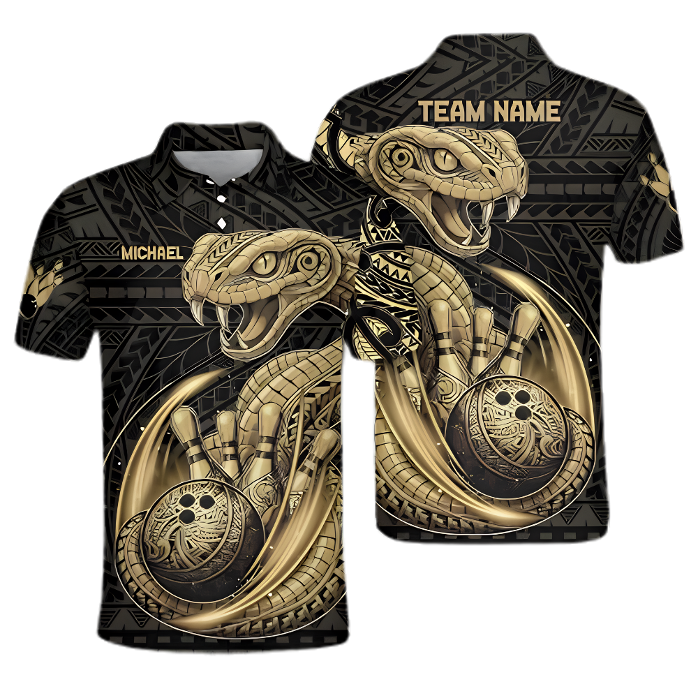 Custom Snake Black Gold Tribal Bowling Polo Shirt For Men, Custom Snake Bowling Team Shirts BZ0963