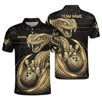 Custom Snake Black Gold Tribal Bowling Polo Shirt For Men, Custom Snake Bowling Team Shirts BZ0963