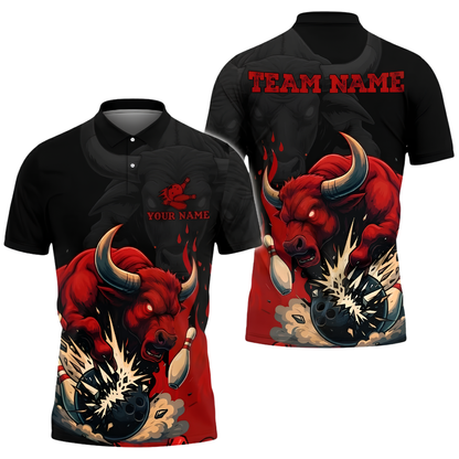 Custom Bull Red Black Bowling Polo Shirt For Men, Custom Bull Bowling Team Shirt BZ1037