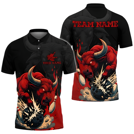 Custom Bull Red Black Bowling Polo Shirt For Men, Custom Bull Bowling Team Shirt BZ1037