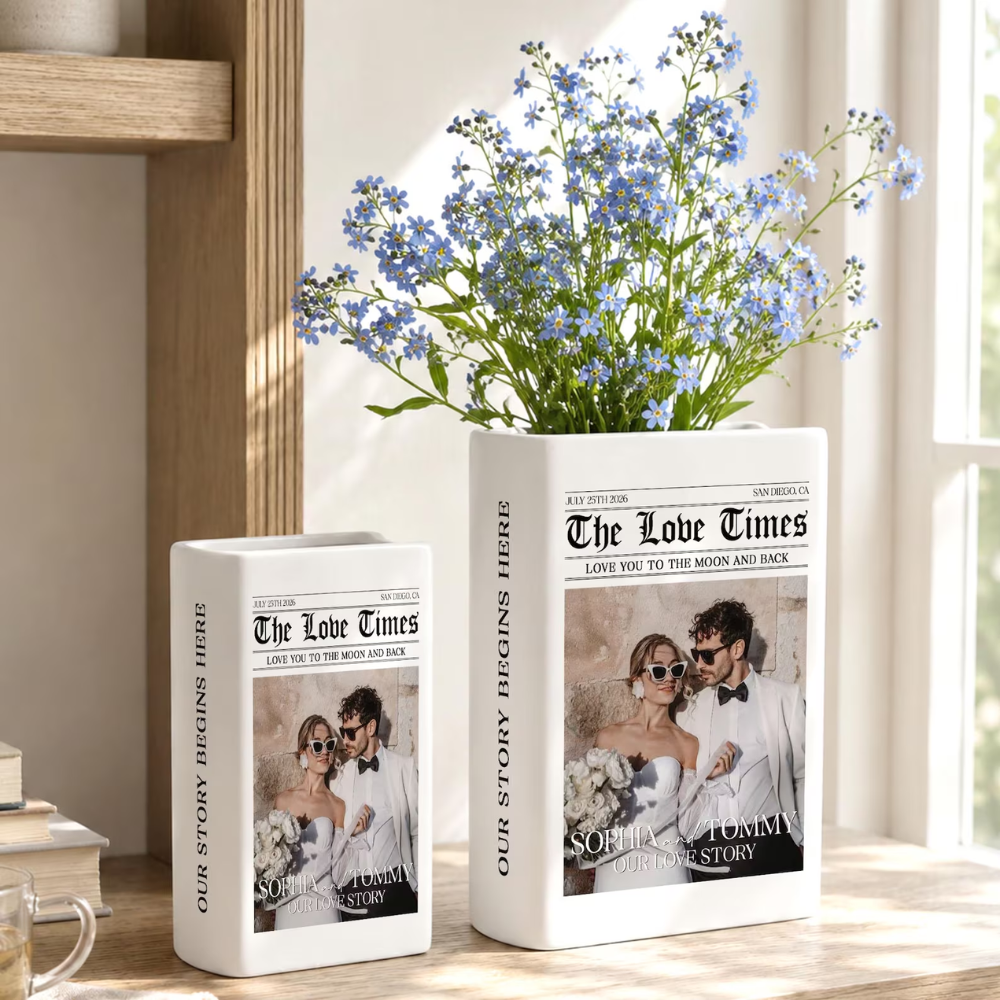 Custom Photo Wedding Newspaper Ceramic Book Vase, Custom Wedding Magazine Book Vase WD0642