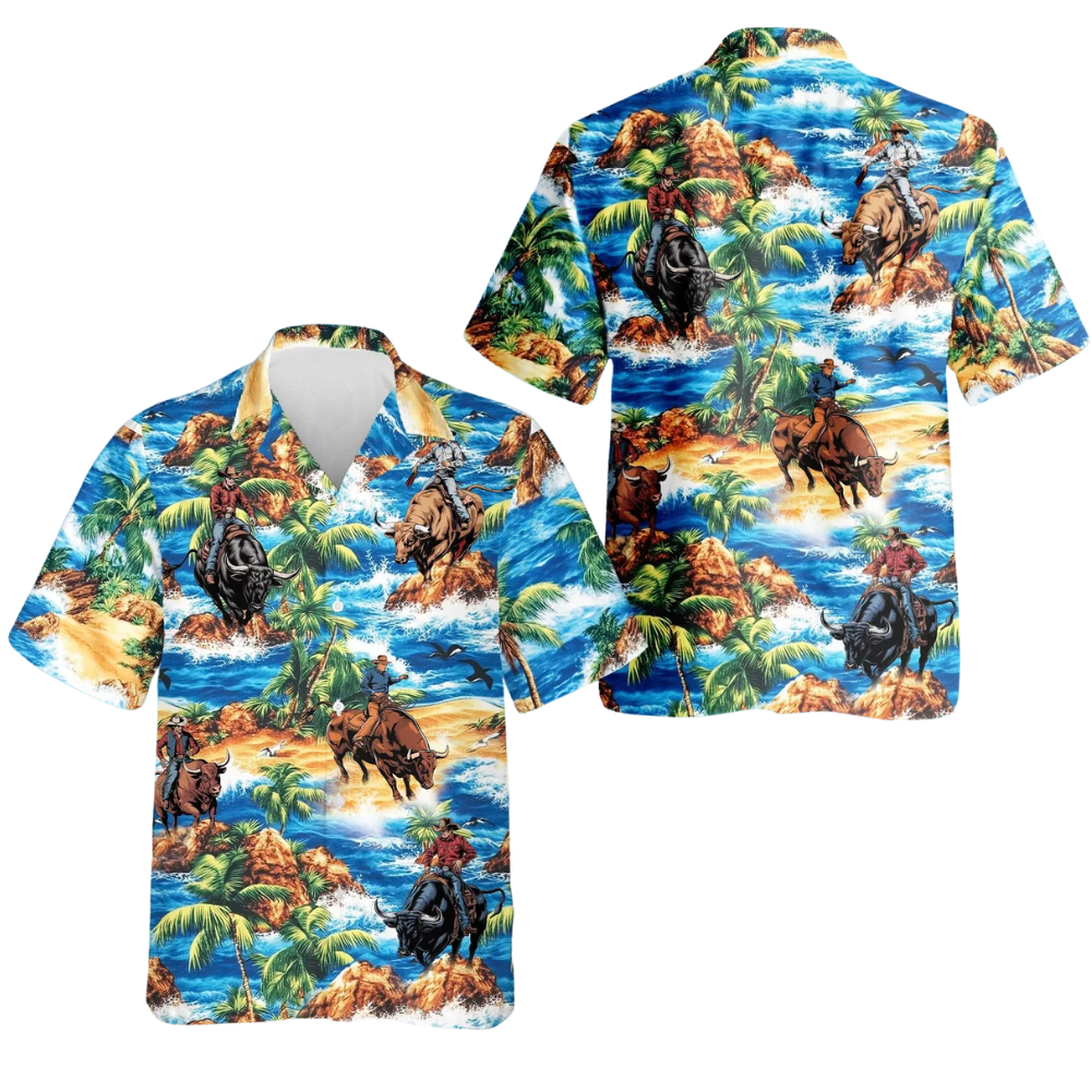 Bull Riding Cowboy Tropical Mens Hawaiian Shirt, Cowboy Western Hawaiian Shirt HE0763
