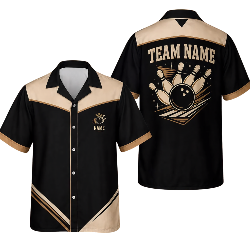 Custom Team Black Beige Bowling Hawaiian Shirt, Custom Bowling Shirts BE0247