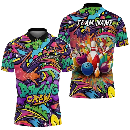 Custom Team Colorful Graffiti Bowling Crew Polo Shirt Mens, Custom Graffiti Bowling Team Shirts BZ0857