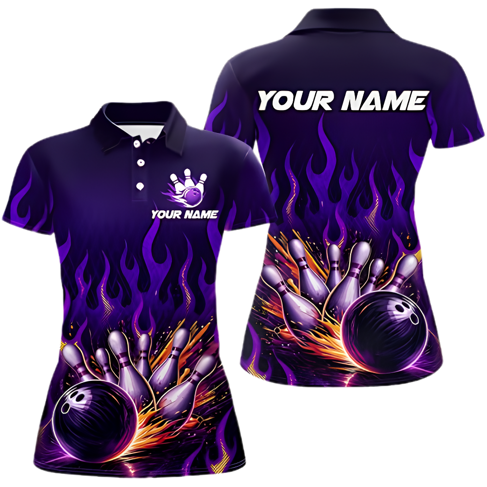 Women's Custom Flaming Purple Bowling Polo Shirt, Custom Flame Bowling Team Shirt For Ladies BZ0913