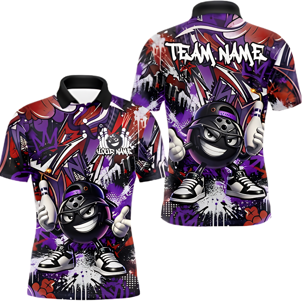 Custom Funny Ball Graffiti Bowling Polo Shirt Mens, Custom Team Bowling Shirts BZ0914