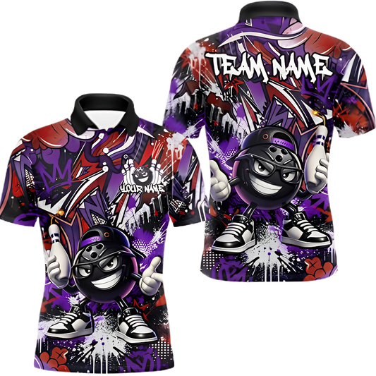 Custom Funny Ball Graffiti Bowling Polo Shirt Mens, Custom Team Bowling Shirts BZ0914