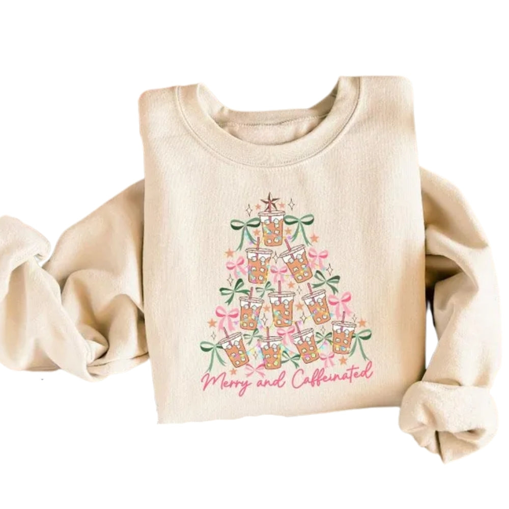 Women's Merry and Caffeinated Sweatshirt, Coffee Christmas Sweatshirt 2D0646