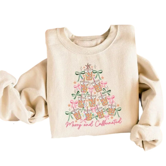 Women's Merry and Caffeinated Sweatshirt, Coffee Christmas Sweatshirt 2D0646