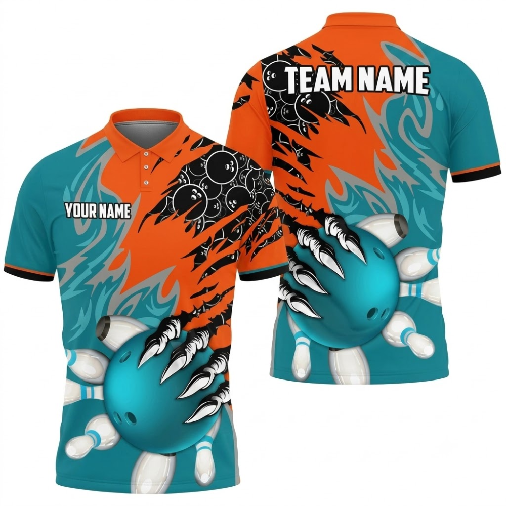 Custom Orange Cyan Grunge Bowling Mens Polo Shirt, Custom Team Bowling Shirts BZ0855
