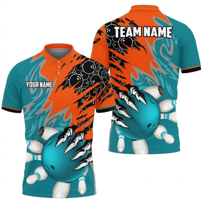 Custom Orange Cyan Grunge Bowling Mens Polo Shirt, Custom Team Bowling Shirts BZ0855