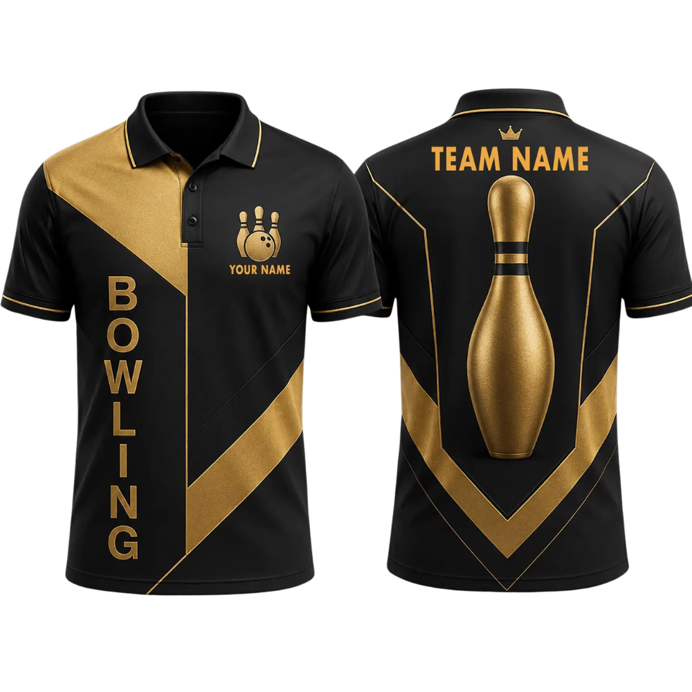 Custom Team Black And Gold Bowling Polo Shirt For Men, Custom Bowling Team Shirts BE0240