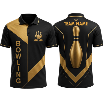 Custom Team Black And Gold Bowling Polo Shirt For Men, Custom Bowling Team Shirts BE0240