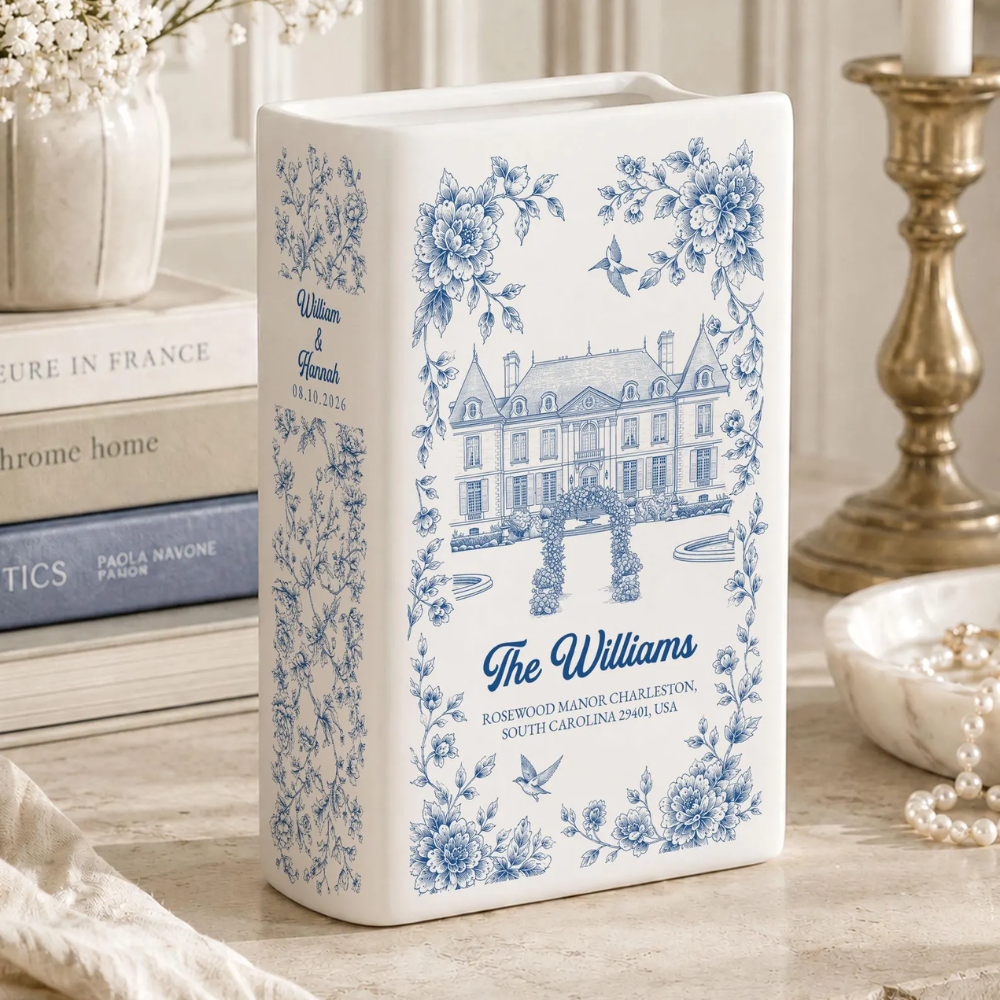Personalized Wedding Venue Photo Toile de Jouy Ceramic Book Vase, Custom Photo Destination Wedding Book Vase WD0645