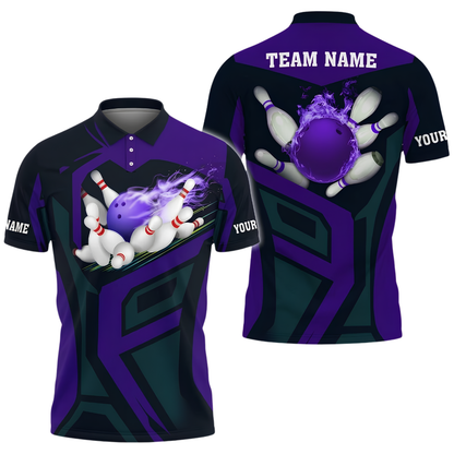 Custom Purple Flame Bowling Polo Shirt For Men, Custom Flame Bowling Team Shirt BZ0896
