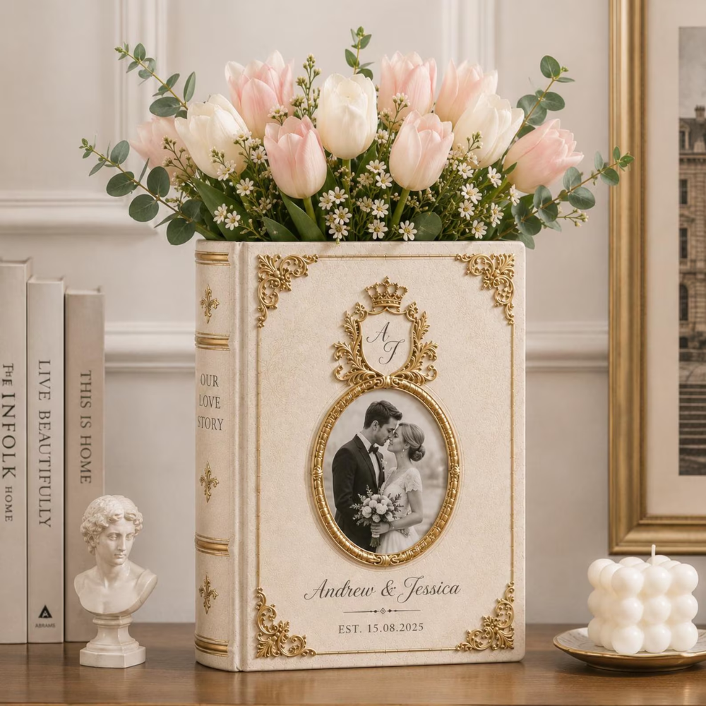 Custom Photo Royal Crown Wedding Ceramic Book Vase, Custom Wedding Book Vase With Picture WD0647