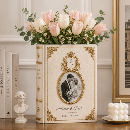 Custom Photo Royal Crown Wedding Ceramic Book Vase, Custom Wedding Book Vase With Picture WD0647