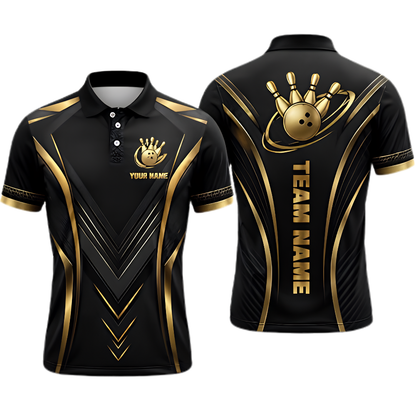 Black And Gold Custom Team Bowling Polo Shirt For Men, Custom Bowling Shirt BZ0965