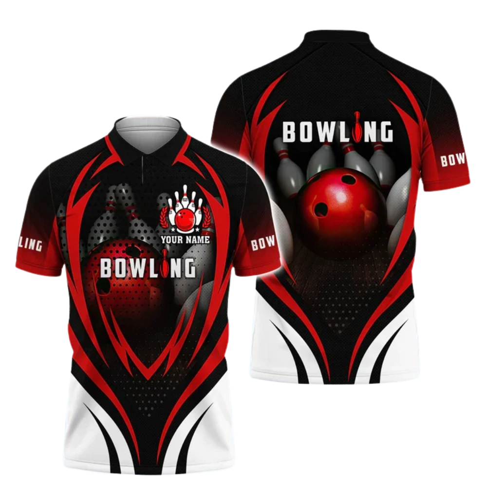 Custom Mens Bowling Polo Shirt Black And Red, Custom Bowling Shirts BZ0837