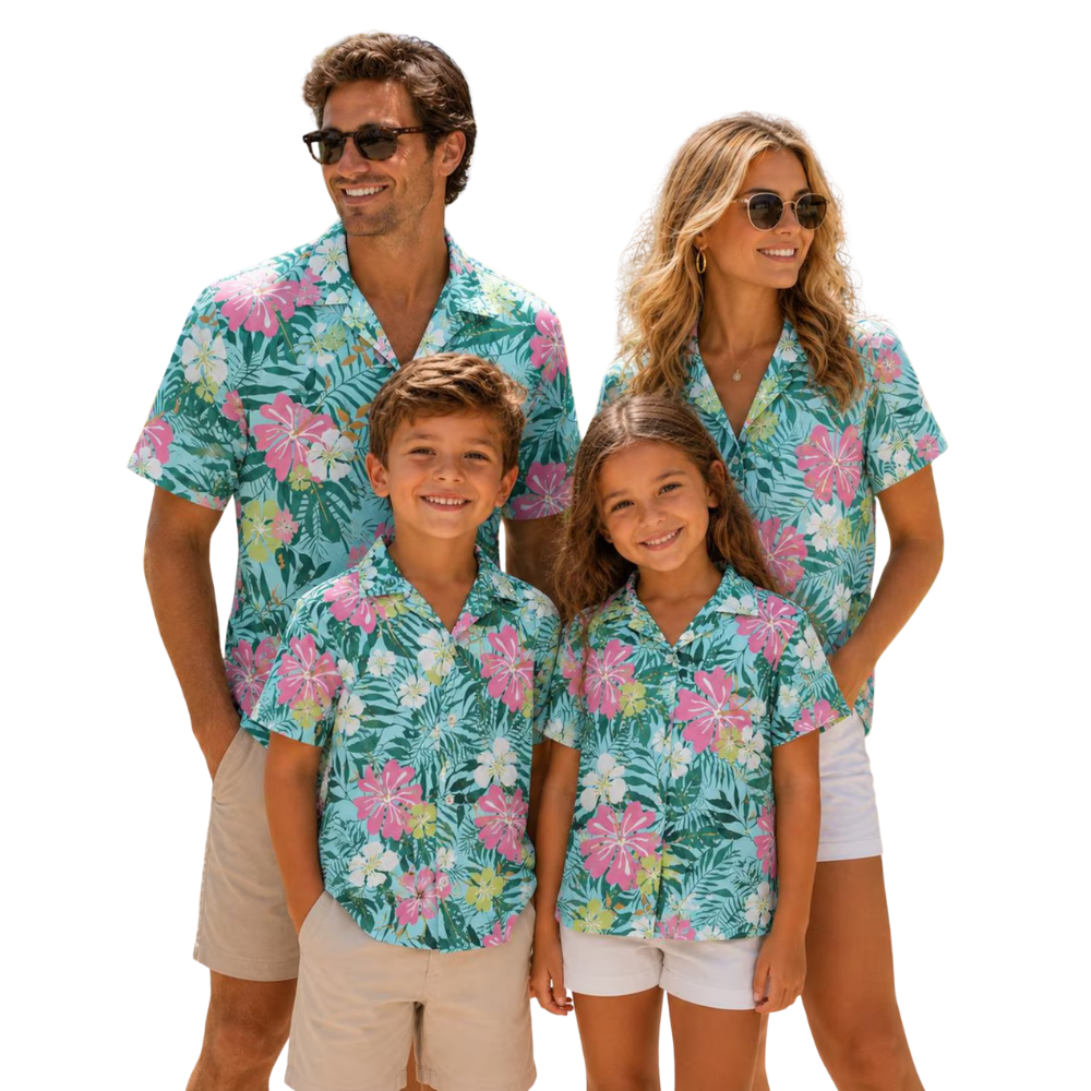 Tropical Floral Pink Cyan Matching Family Hawaiian Shirt, Tropical Family Hawaiian Shirts ET1092