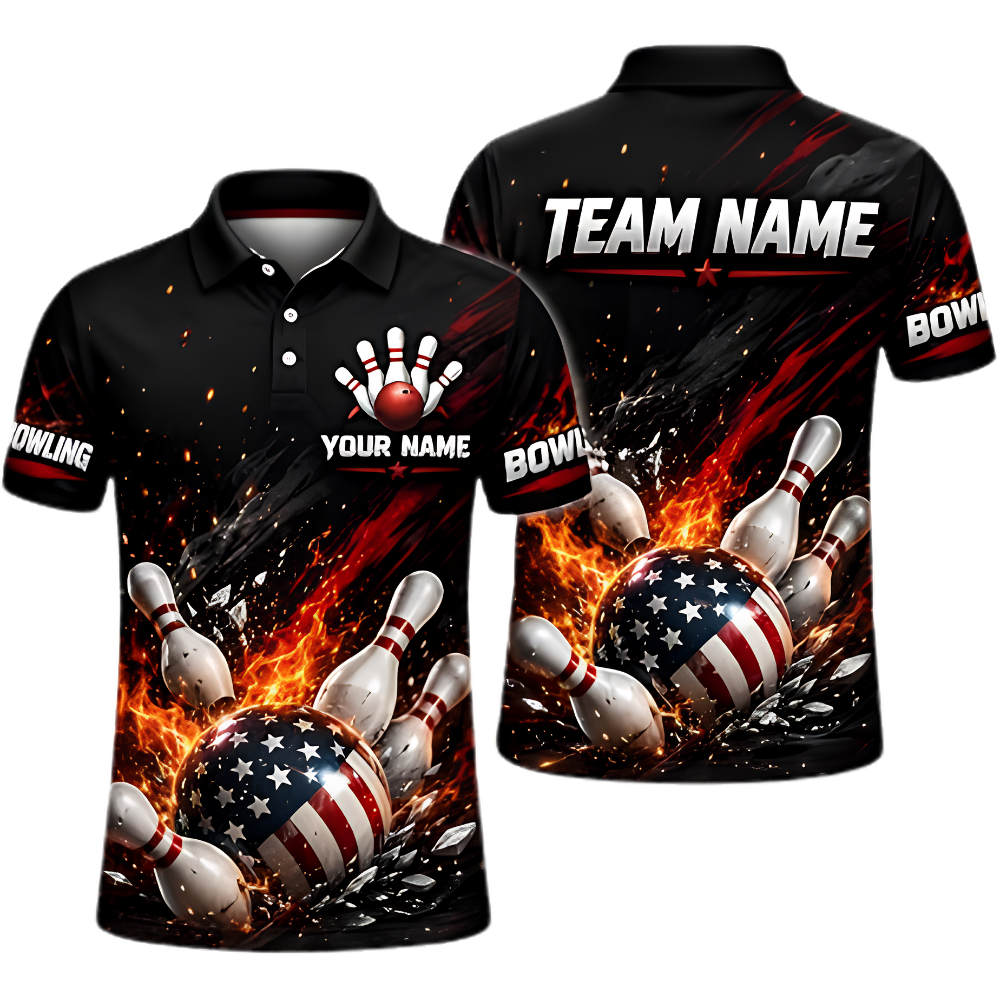 American Flag Ball Custom Fire Bowling Polo Shirt For Men, Custom Patriotic Bowling Team Shirt BZ0968