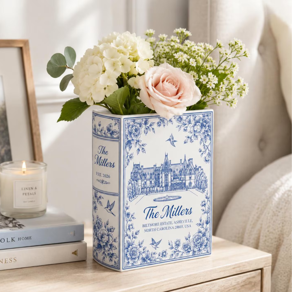 Custom Photo Wedding Venue Toile De Jouy Ceramic Book Vase, Custom Wedding Destination Book Vase With Picture WD0646