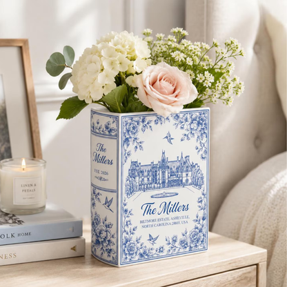 Custom Photo Wedding Venue Toile De Jouy Ceramic Book Vase, Custom Wedding Destination Book Vase With Picture WD0646