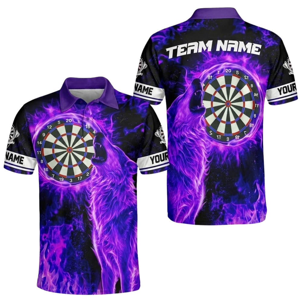 Custom Wolf Purple Flame Dart Polo Shirt For Men, Custom Wolf Team Dart Shirts DE0103
