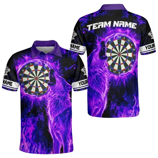 Custom Wolf Purple Flame Dart Polo Shirt For Men, Custom Wolf Team Dart Shirts DE0103