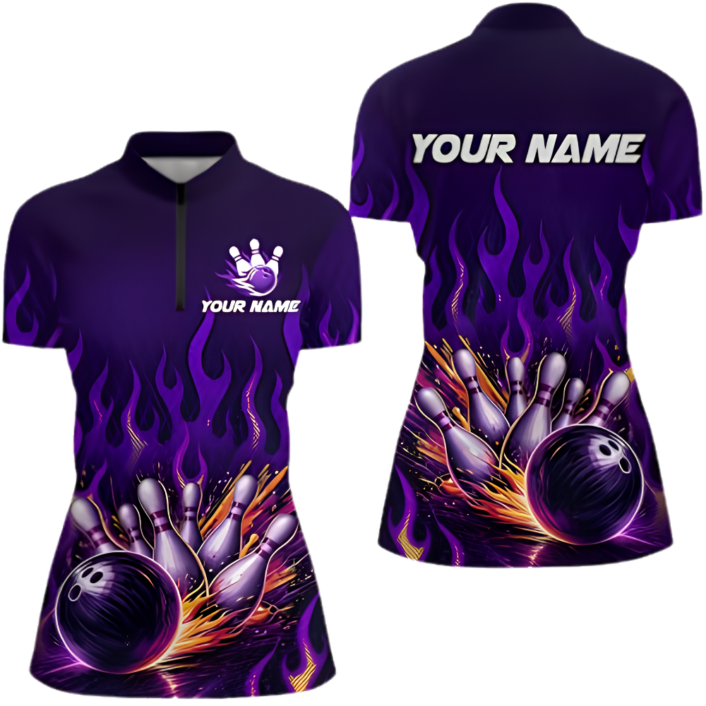 Purple Flaming Custom Womens Bowling Jersey, Custom Flame Bowling Shirts Ladies BZ0862