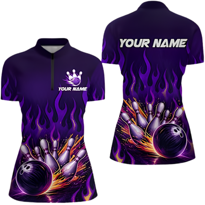 Purple Flaming Custom Womens Bowling Jersey, Custom Flame Bowling Shirts Ladies BZ0862