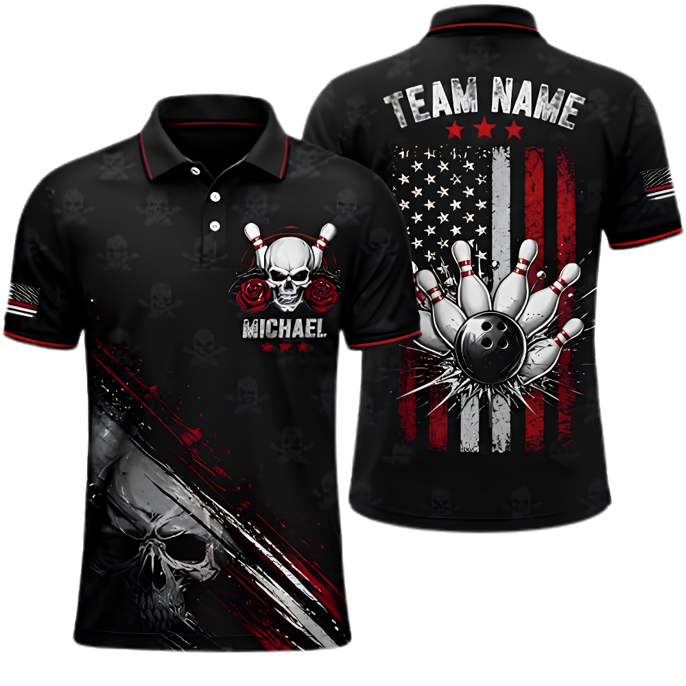 Skull American Flag Custom Mens Bowling Polo Shirt, Custom Skull Bowling Shirt For Team BZ0953