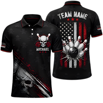 Skull American Flag Custom Mens Bowling Polo Shirt, Custom Skull Bowling Shirt For Team BZ0953