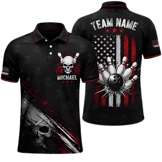 Skull American Flag Custom Mens Bowling Polo Shirt, Custom Skull Bowling Shirt For Team BZ0953