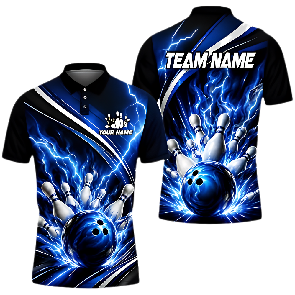 Blue Thunder Custom Mens Bowling Polo Shirt, Custom Team Thunder Bowling Shirt BZ0970
