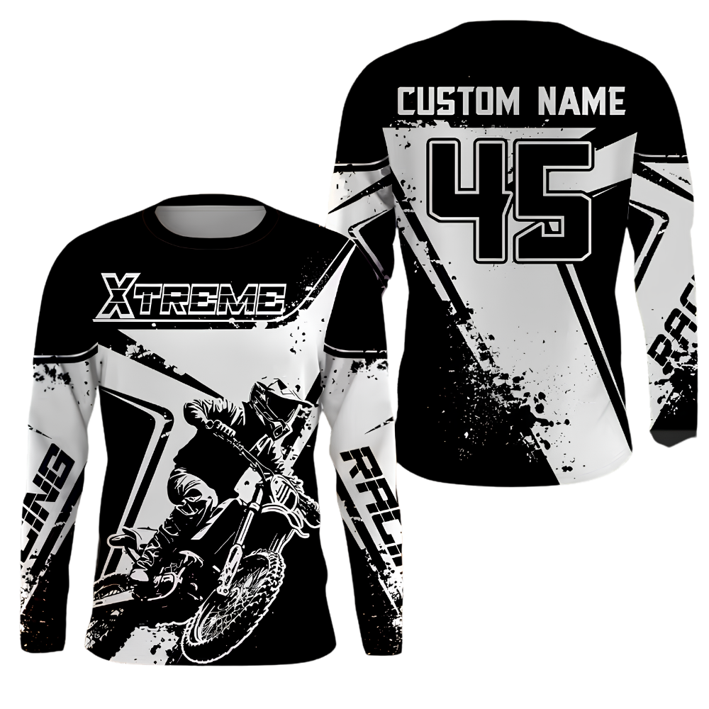 Custom Name Number Men's Black And White Dirt Bike Long Sleeve Racing Jersey, Custom Dirt Bike Shirts MZ0133
